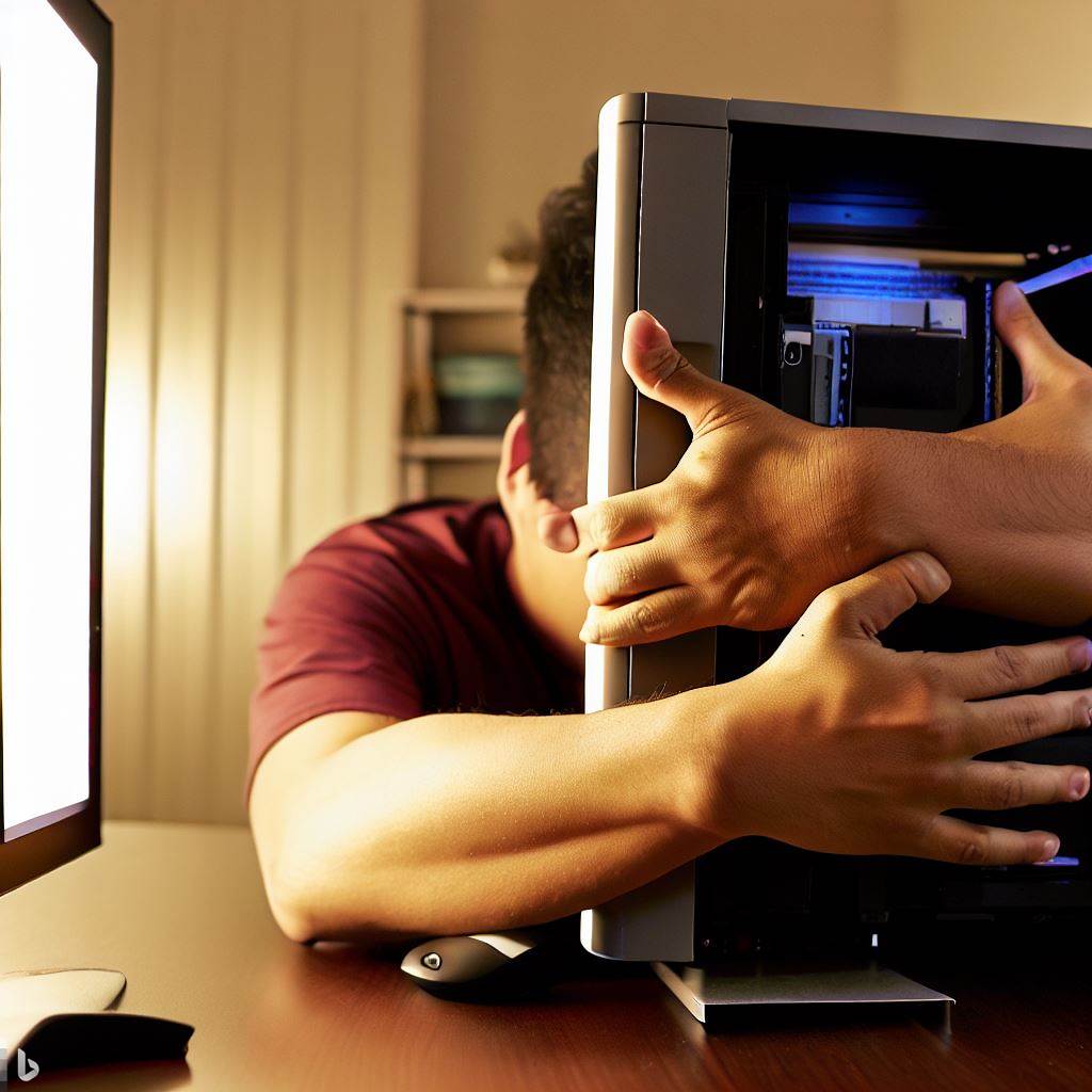 Man hugging a computer